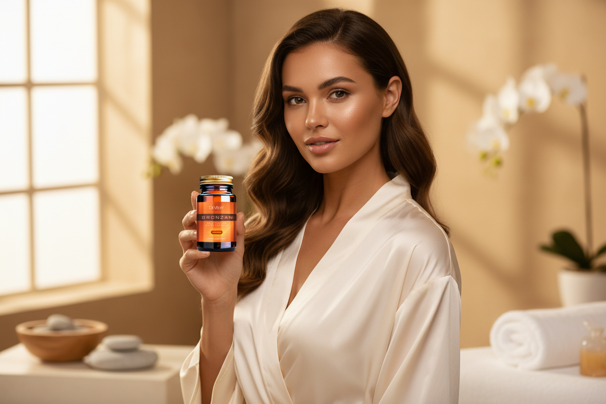 Dr. Viton BRONZAN Self tanning capsules with beautiful woman, savaiminio įdegio kapulės