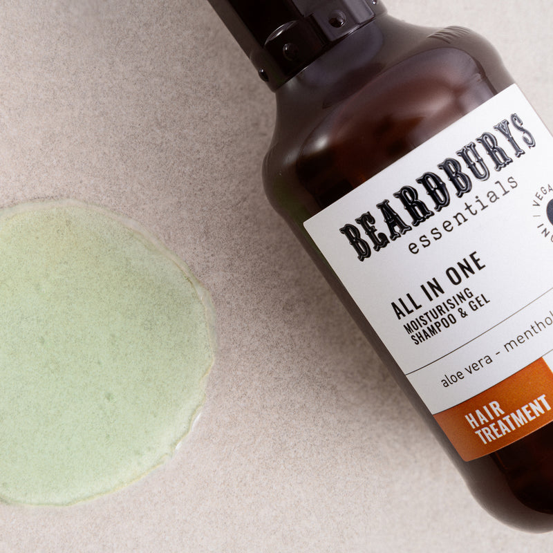 Beardburys Essential All in One Shampoo, Plaukų šampūnas ir kondicionierius viename, vyriškas kondicionierius, vėsinančio efekto šampūnas, veganiškas šampūnas, šampūnas vyrams, vyriškas šampūnas, šampūnas storiems plaukams, šampūnas žiliems plaukams, šampūnas nuo pleiskanų