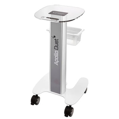 Kosmetologinis staliukas „Apollo Duet“ – modernus aparatinės įrangos stovas su ratukais ir priedų laikikliu.