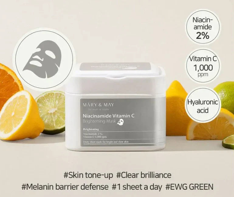 Mary&May - Niacinamide Vitamin C Brightening Mask - 30vnt lakštinių kaukių rinkinys grozioplanas.lt