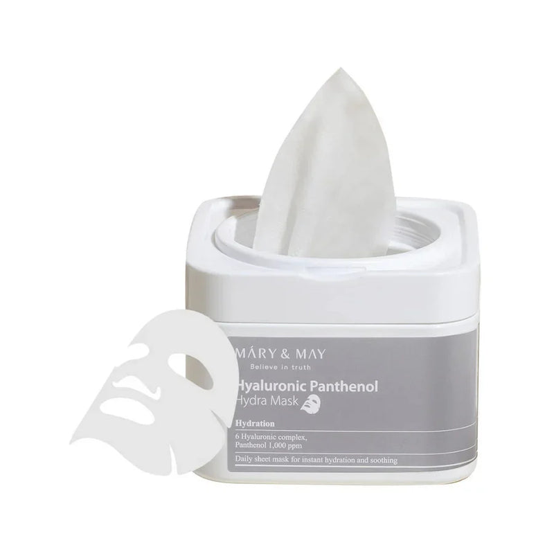 MARY&MAY HYALURONIC PANTHENOL HYDRA MASK 30PC LAKŠTINĖS VEIDO KAUKĖS grožioplanas.lt