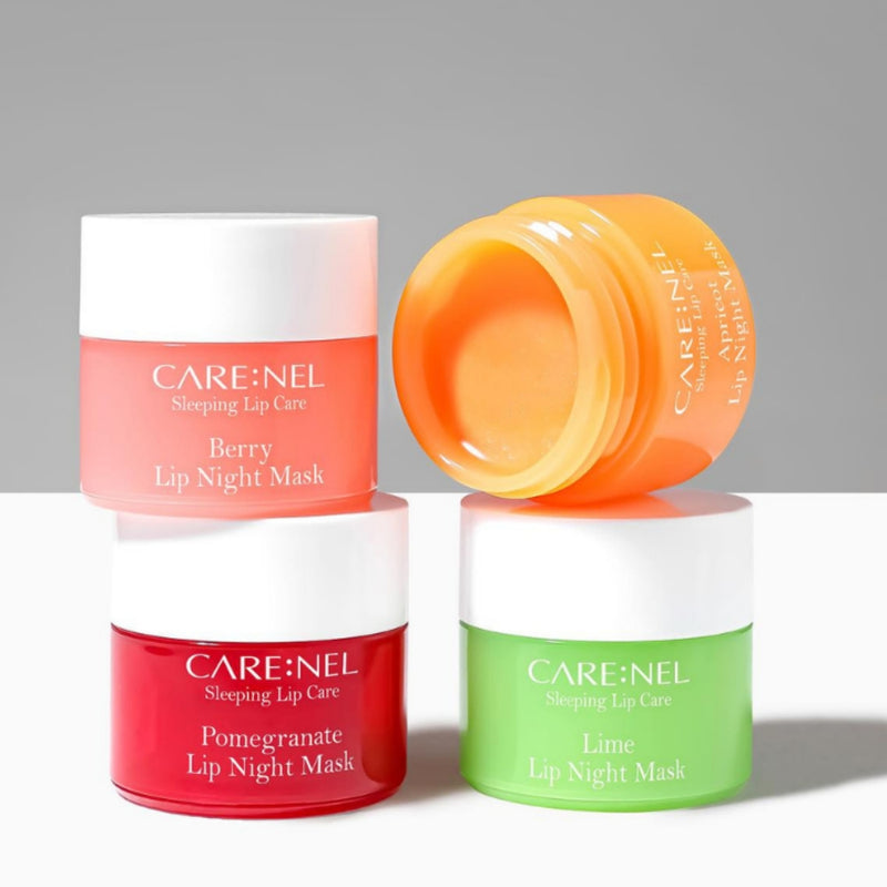 CARENEL Lip Night Mask Apricot, Berry lip mask, Lime lip mask, Pomegranate lip mask, Naktinė lūpų kaukė su abrikosais, šveičiamoji lūpų kaukė, naktinė lūpų kaukė su miško uogomis, naktinė lūpų kaukė su laimu, lūpų balzamas su miško uogomis, vaisių skonio lūpų balzamas