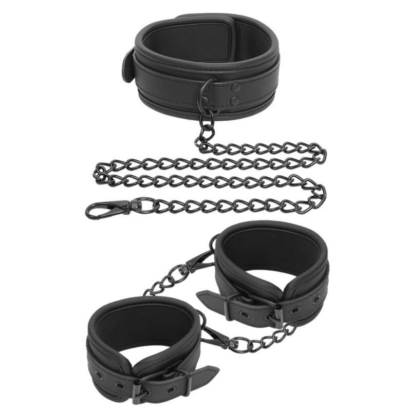 BDSM Veganiškos odos Apykaklė ir Antrankiai BLACK SHADOW