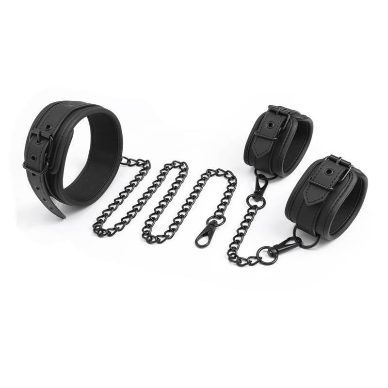 BDSM Veganiškos odos Apykaklė ir Antrankiai BLACK SHADOW