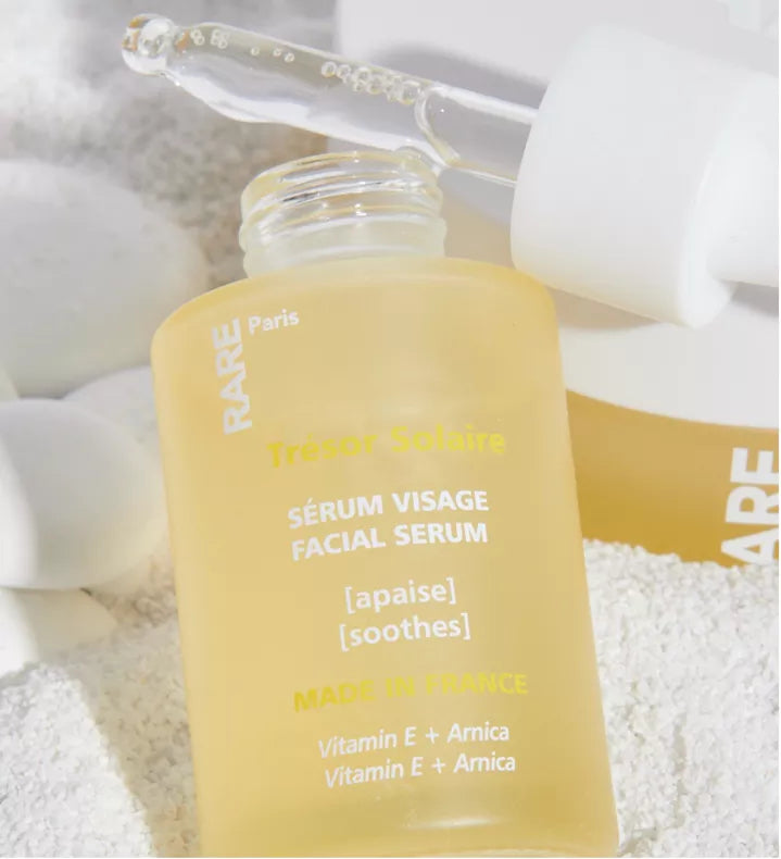 RARE Paris Face Serum Trésor Solaire - Raminantis Veido Serumas, Valomasis Veido Serumas su Vitaminu E, sausai ir jautriai odai, drėkinantis serumas, maitinantis serumas, serumas su vitaminais