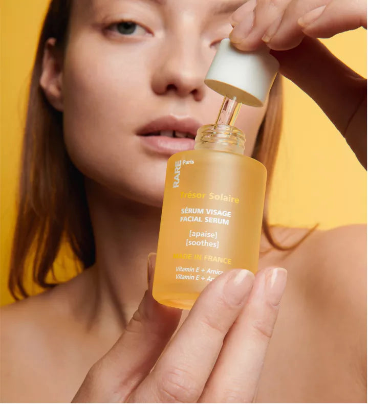 RARE Paris Face Serum Trésor Solaire - Raminantis Veido Serumas, Valomasis Veido Serumas su Vitaminu E, sausai ir jautriai odai, drėkinantis serumas, maitinantis serumas, serumas su vitaminais