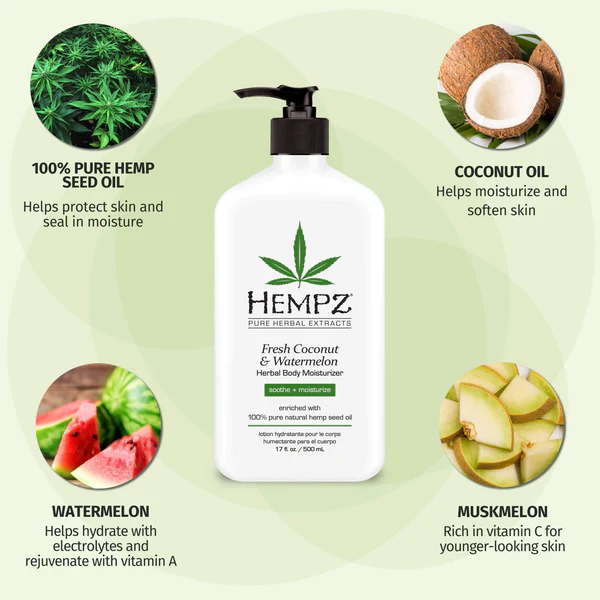 Hempz Drėkinantis kūno kremas su Kokosų, Arbūzų ir Kanapių aliejumi sausai odai - Original Coconut & Watermelon Herbal Body Moisturizer Lotion