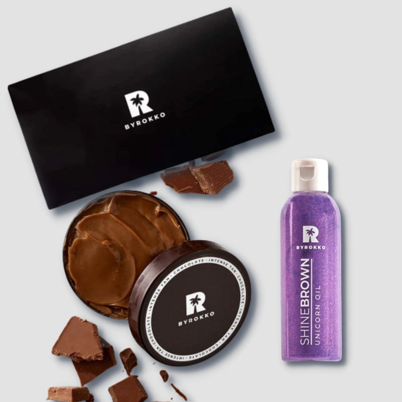 BYROKKO Rinkinys Shine Brown Chocolate įdegio kremas su šokoladu ir Unicorn Oil Kūno aliejus su blizgučiais