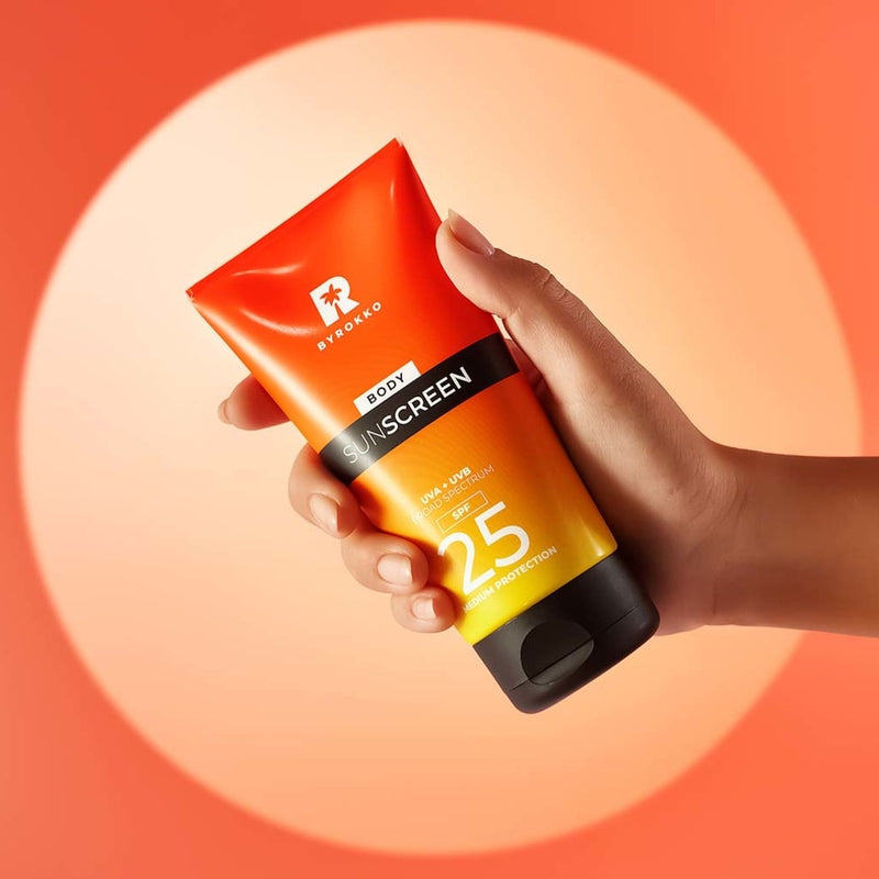 BYROKKO Body Sunscreen SPF 25 Apsauginis kūno kremas nuo saulės ir ultravioletinių UVA ir UVB spindulių, drėkina ir maitina odą, suteikia tolygų ir ilgai išliekantį įdegį